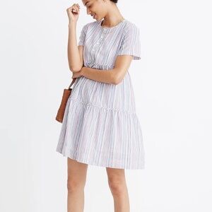 Madewell Striped Crewneck Button-Front Tiered Mini Dress Lined Small